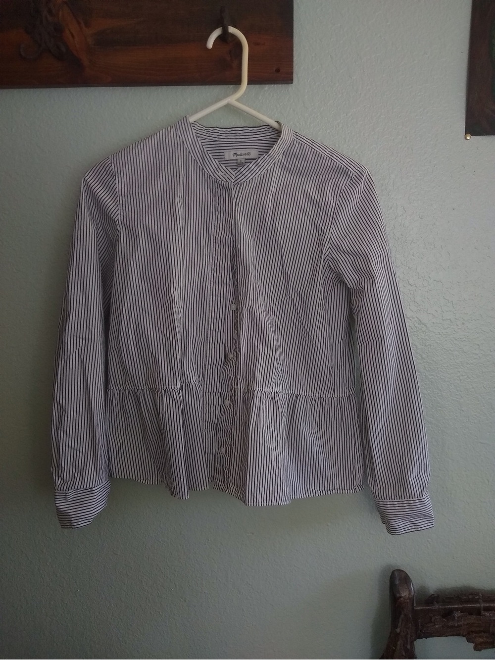 Madewell Grey and White Striped Peplum Button Down Shirt